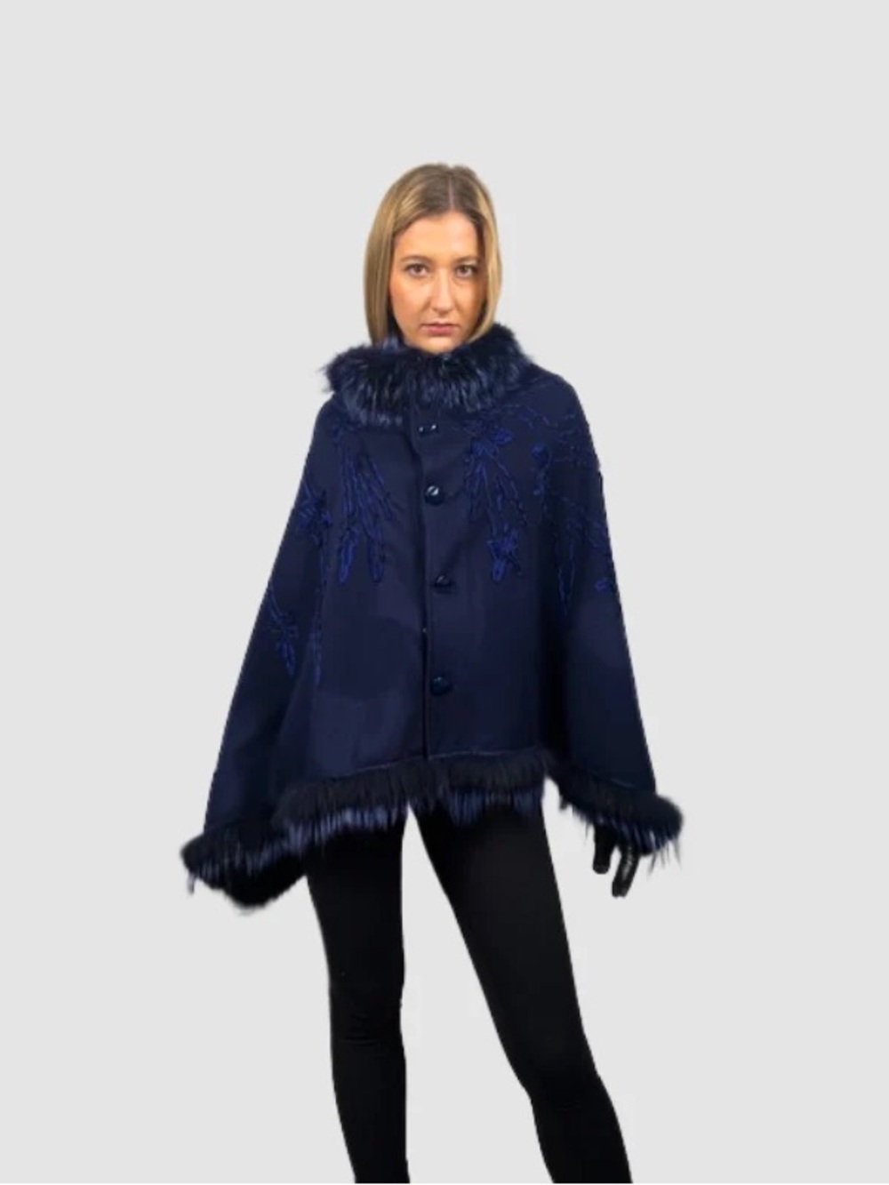 Navy Blue Embroidered Fox-Fur Trim Cashmere and Wool Blend Cape Sweater